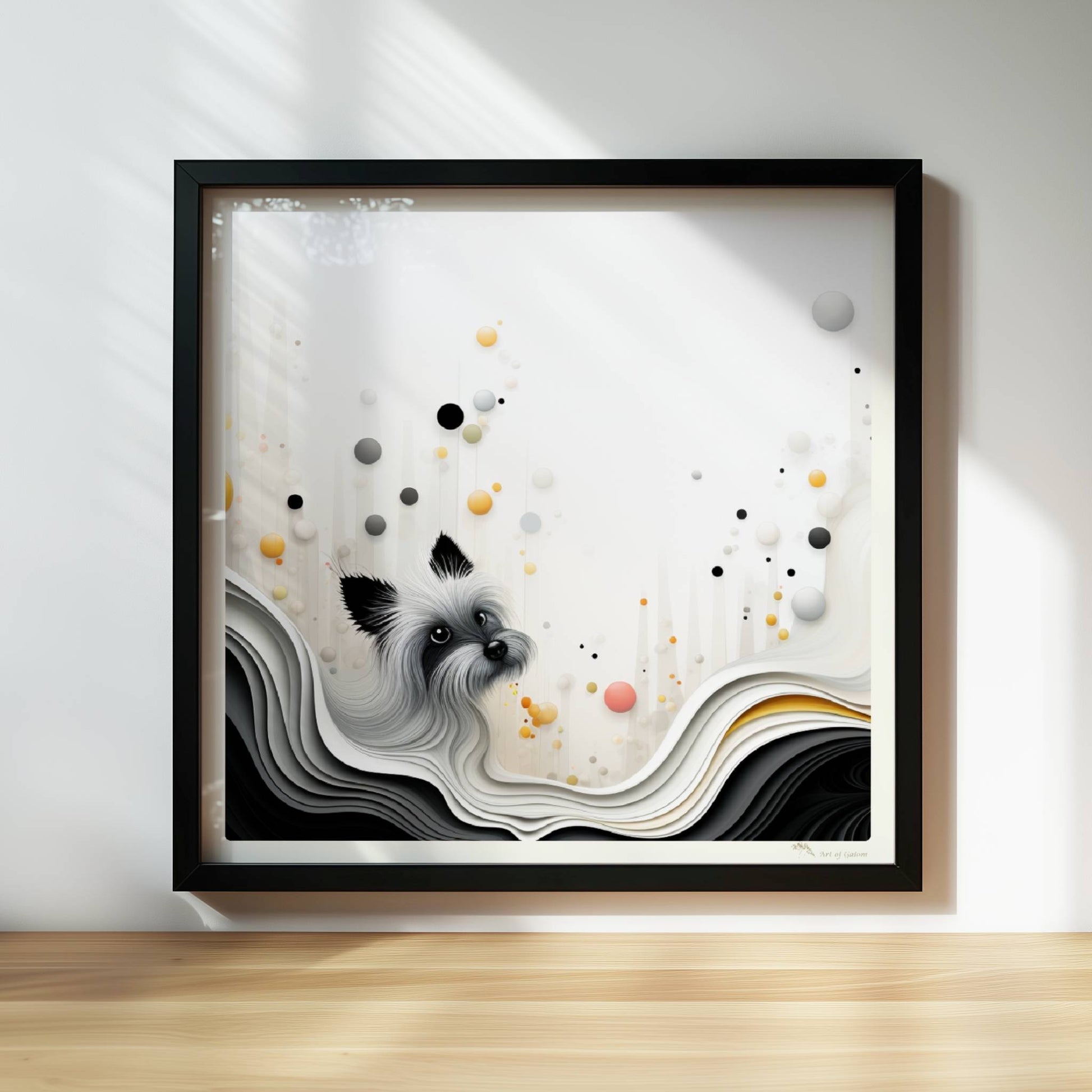 Vektorgrafik eines weißen Hundes mit wellenförmigem Hintergrund in sanften Farben.. Rahmen schwarz 30x30