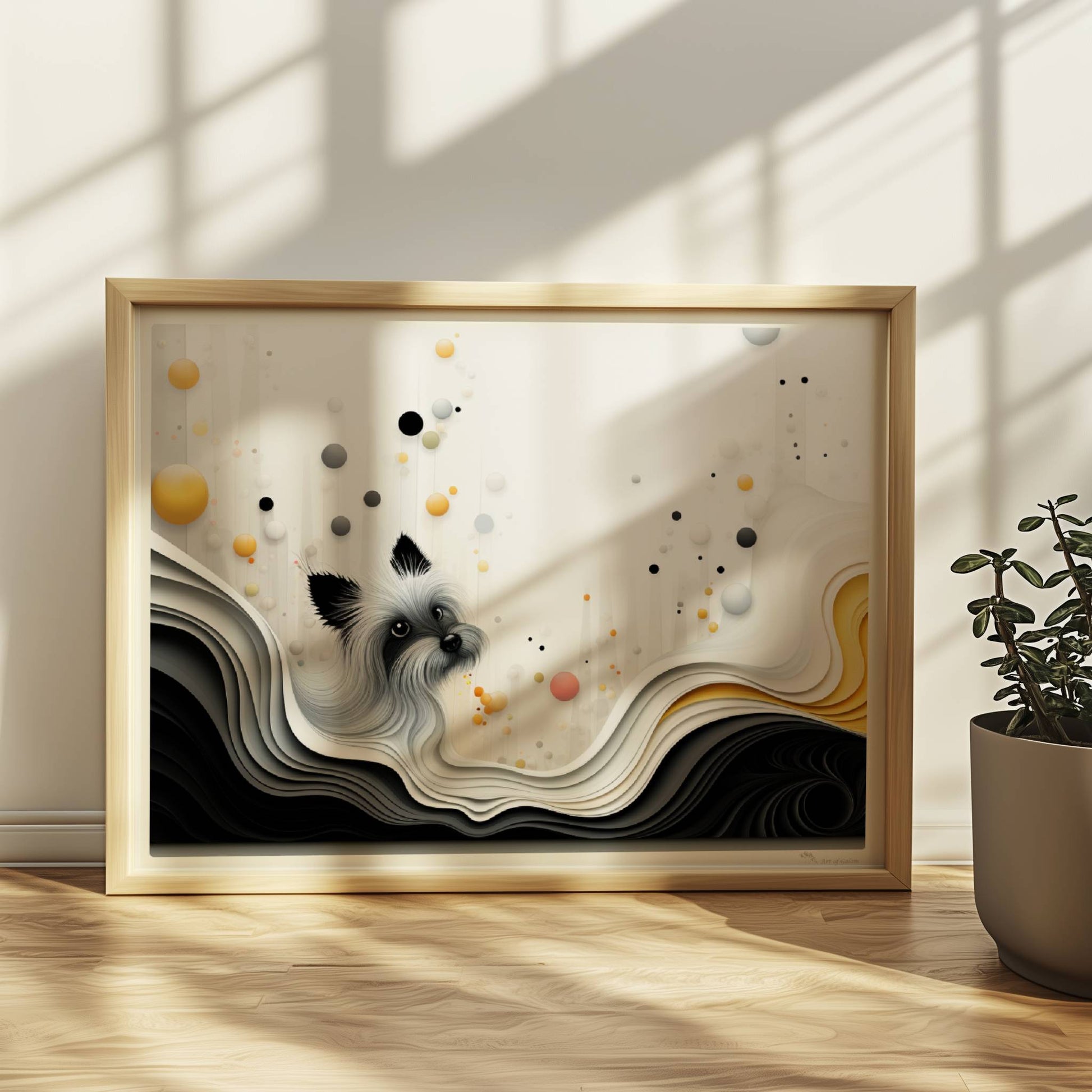 Vektorgrafik eines weißen Hundes mit wellenförmigem Hintergrund in sanften Farben.. Rahmen natur 40x30