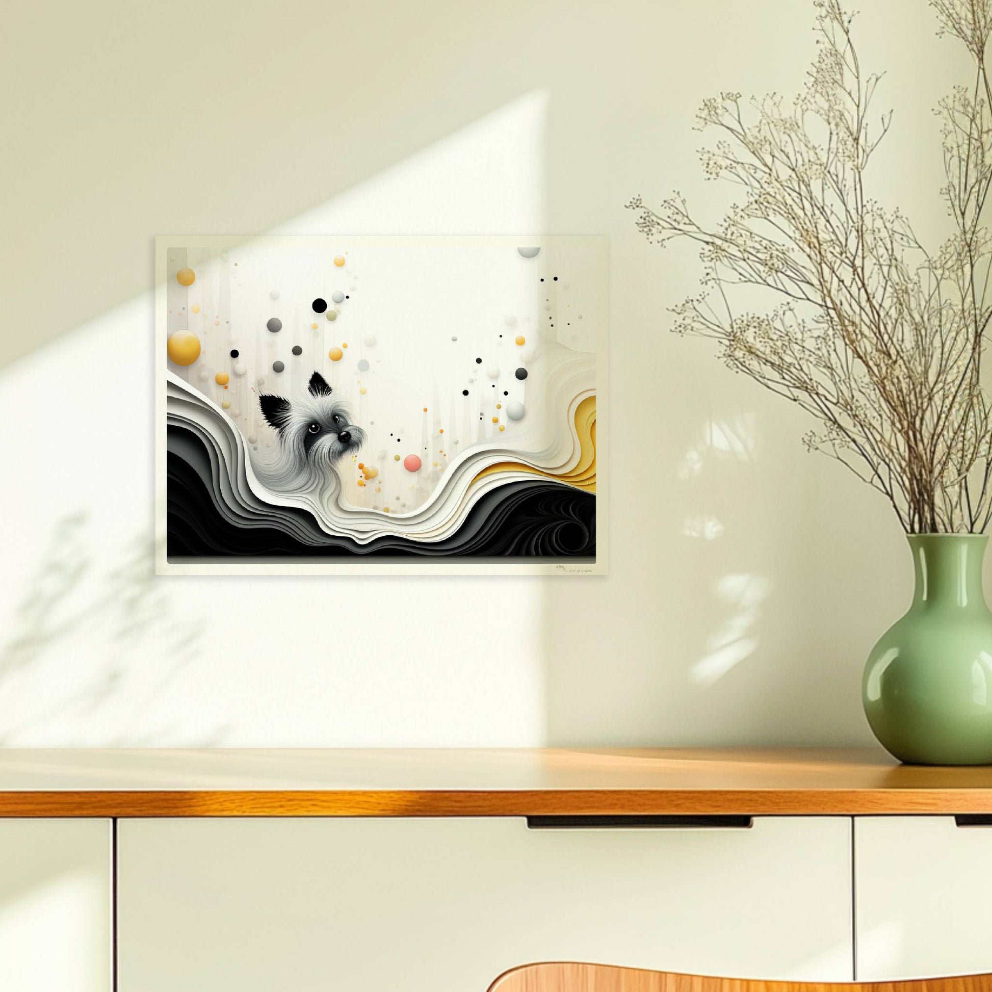 Vektorgrafik eines weißen Hundes mit wellenförmigem Hintergrund in sanften Farben.. Ohne Rahmen 40x30