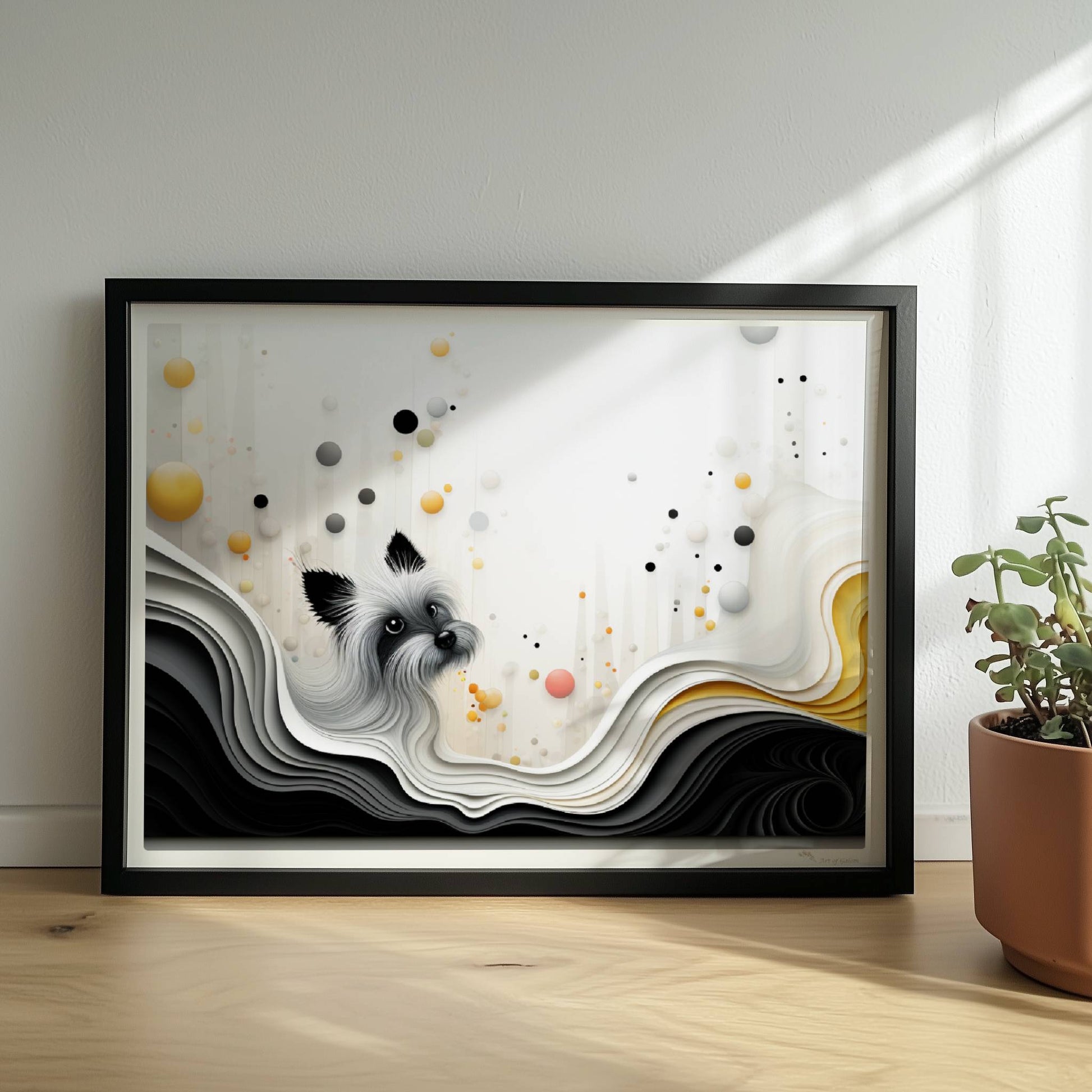 Vektorgrafik eines weißen Hundes mit wellenförmigem Hintergrund in sanften Farben.. Rahmen schwarz 40x30
