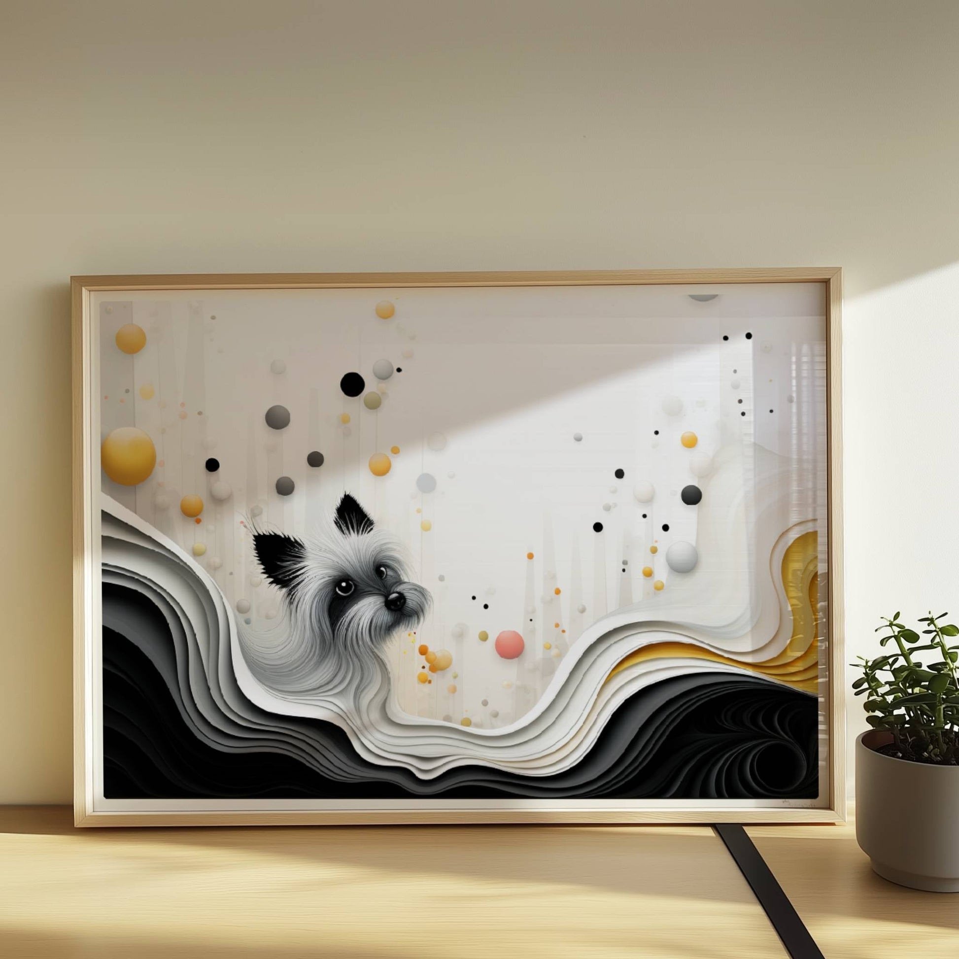 Vektorgrafik eines weißen Hundes mit wellenförmigem Hintergrund in sanften Farben.. Rahmen natur 70x50