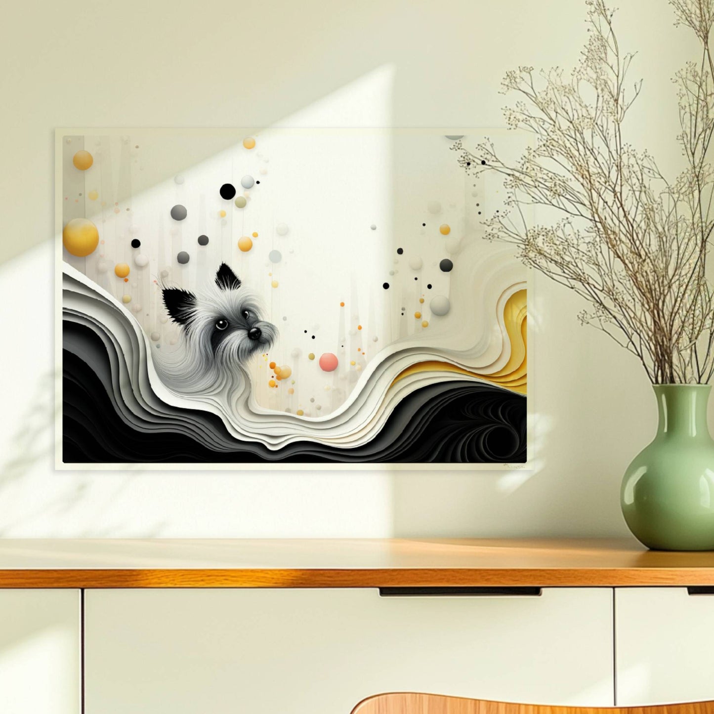 Vektorgrafik eines weißen Hundes mit wellenförmigem Hintergrund in sanften Farben.. Ohne Rahmen 70x50