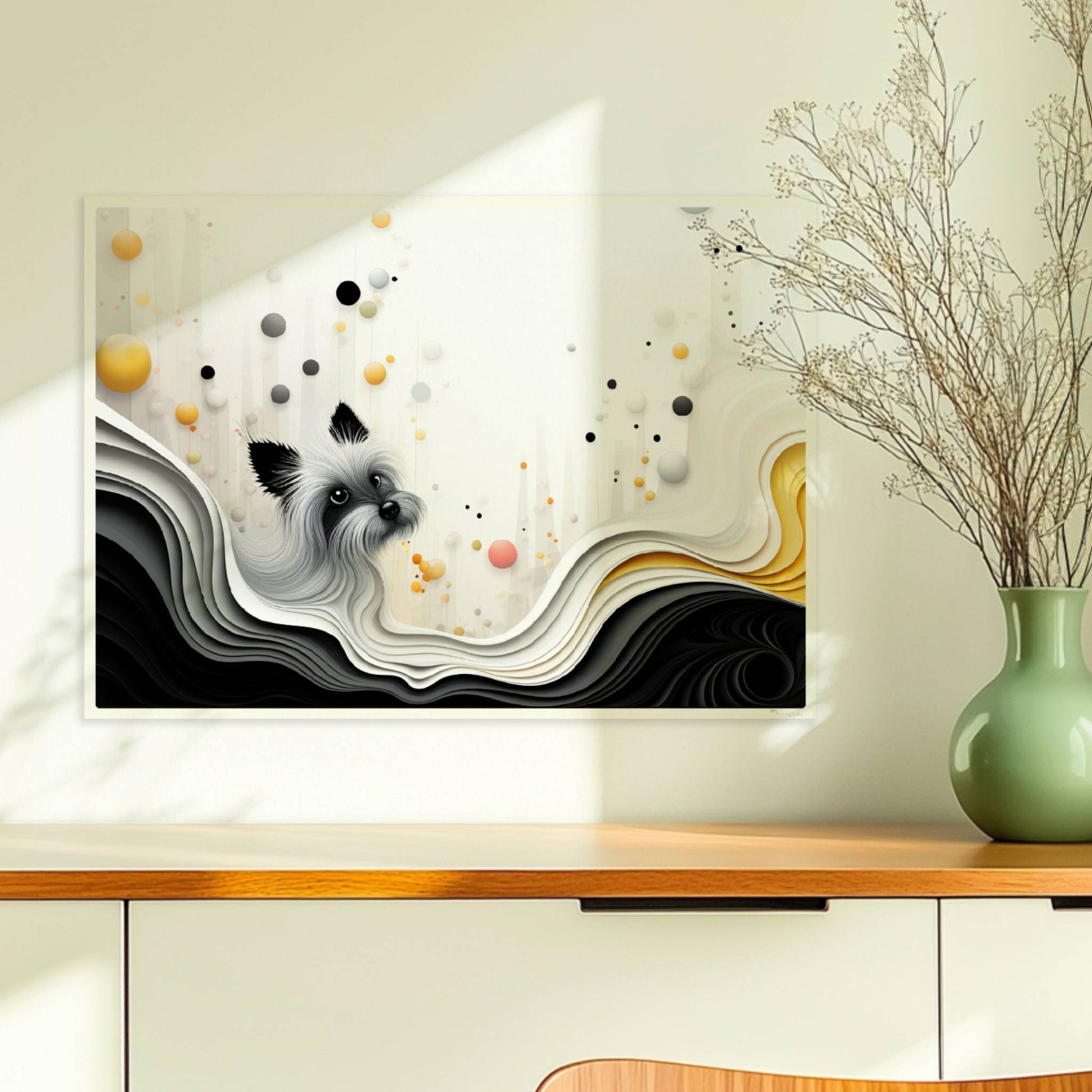 Vektorgrafik eines weißen Hundes mit wellenförmigem Hintergrund in sanften Farben.. Ohne Rahmen 70x50
