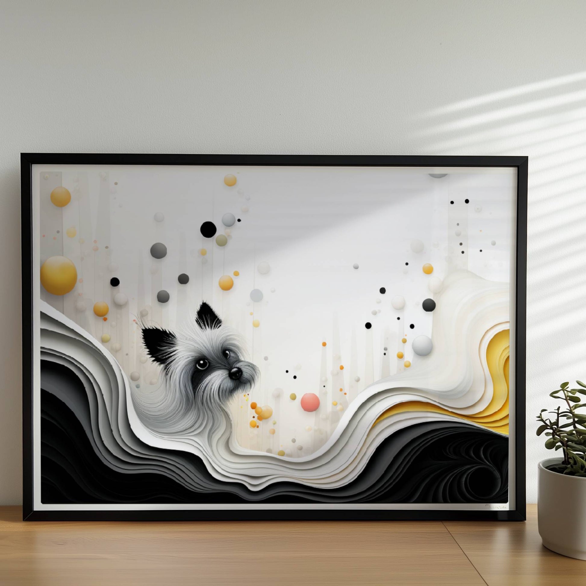 Vektorgrafik eines weißen Hundes mit wellenförmigem Hintergrund in sanften Farben.. Rahmen schwarz 70x50