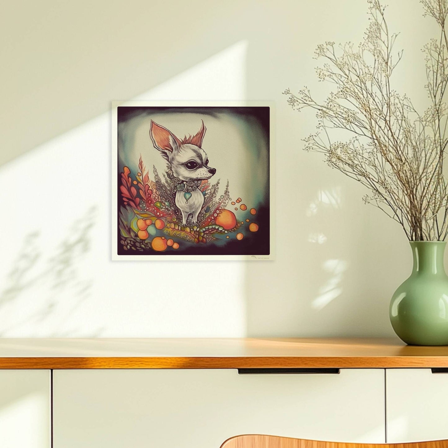 Porträt eines Chihuahua mit dekorativem floralen Hintergrund in fantasievollem Stil.. Ohne Rahmen 30x30