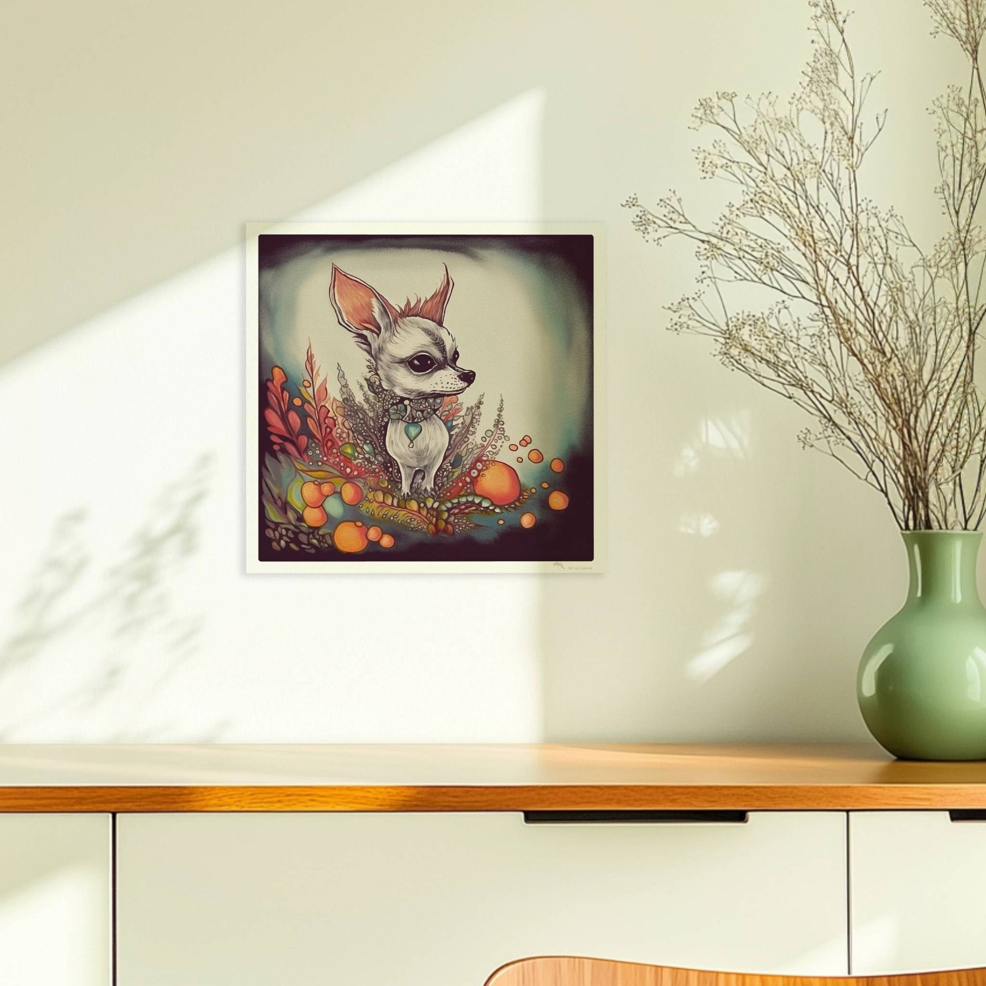 Porträt eines Chihuahua mit dekorativem floralen Hintergrund in fantasievollem Stil.. Ohne Rahmen 30x30