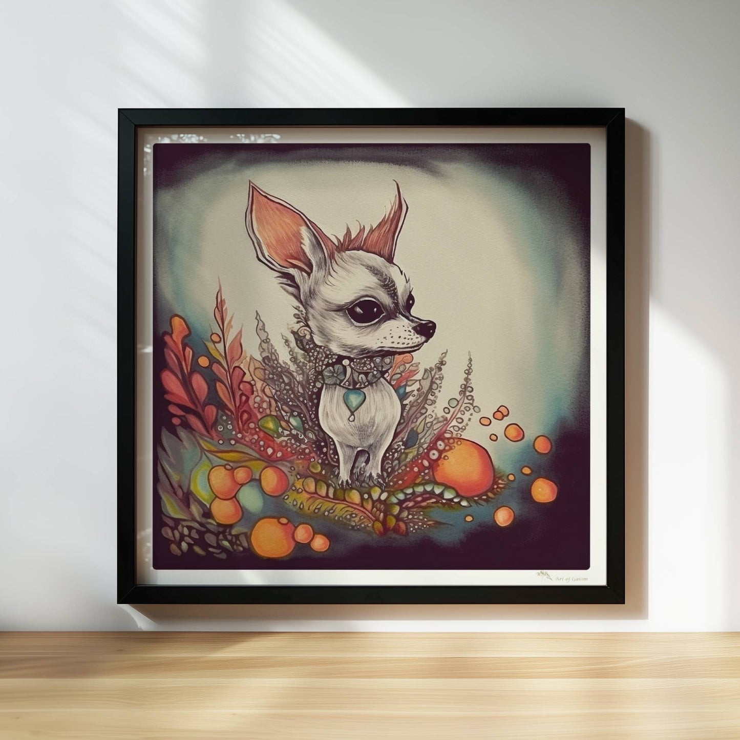 Porträt eines Chihuahua mit dekorativem floralen Hintergrund in fantasievollem Stil.. Rahmen schwarz 30x30
