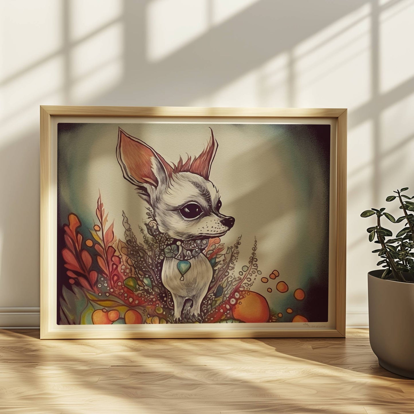 Porträt eines Chihuahua mit dekorativem floralen Hintergrund in fantasievollem Stil.. Rahmen natur 40x30