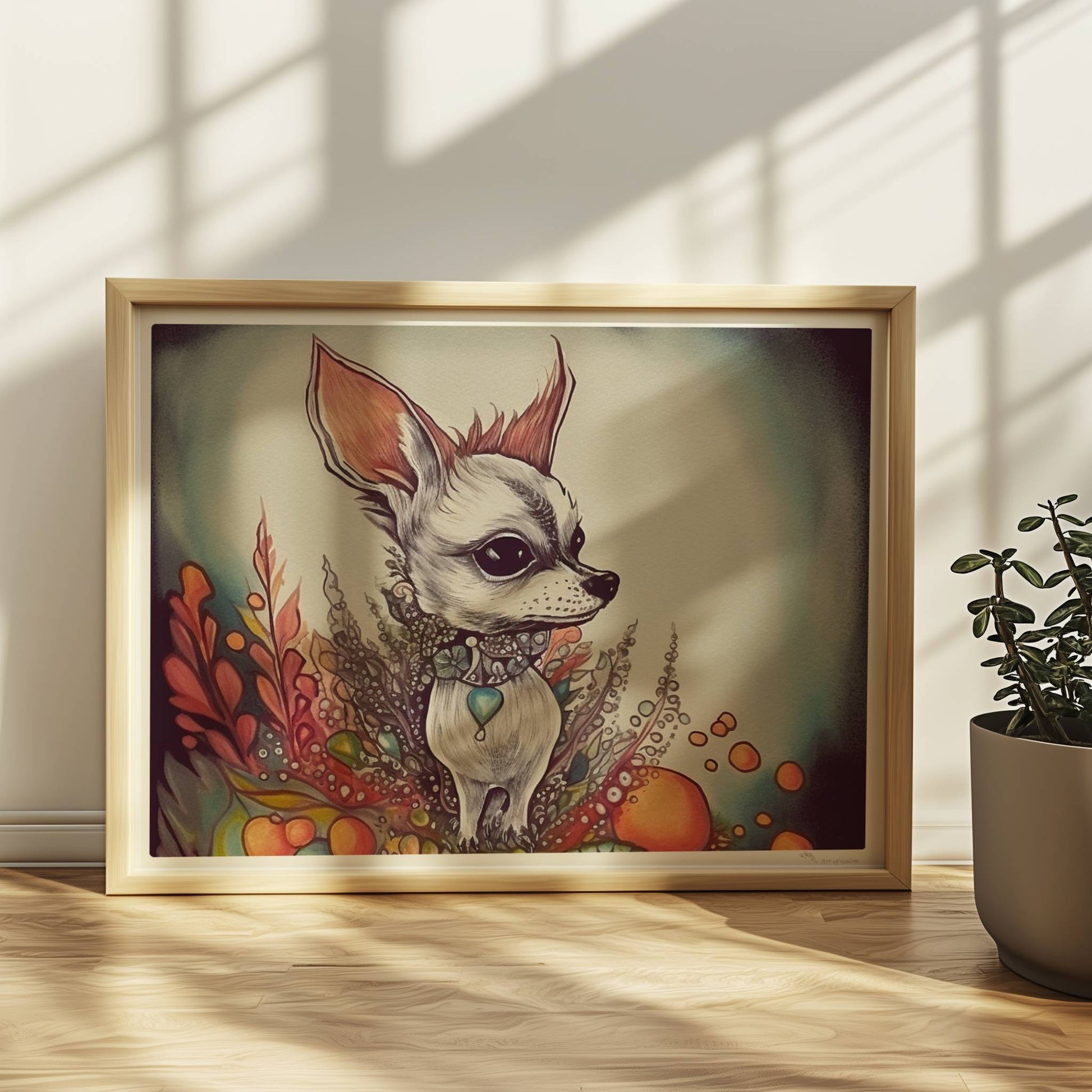Porträt eines Chihuahua mit dekorativem floralen Hintergrund in fantasievollem Stil.. Rahmen natur 40x30