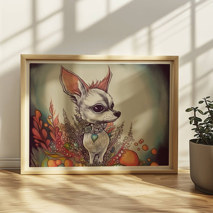 Porträt eines Chihuahua mit dekorativem floralen Hintergrund in fantasievollem Stil.. Rahmen natur 40x30