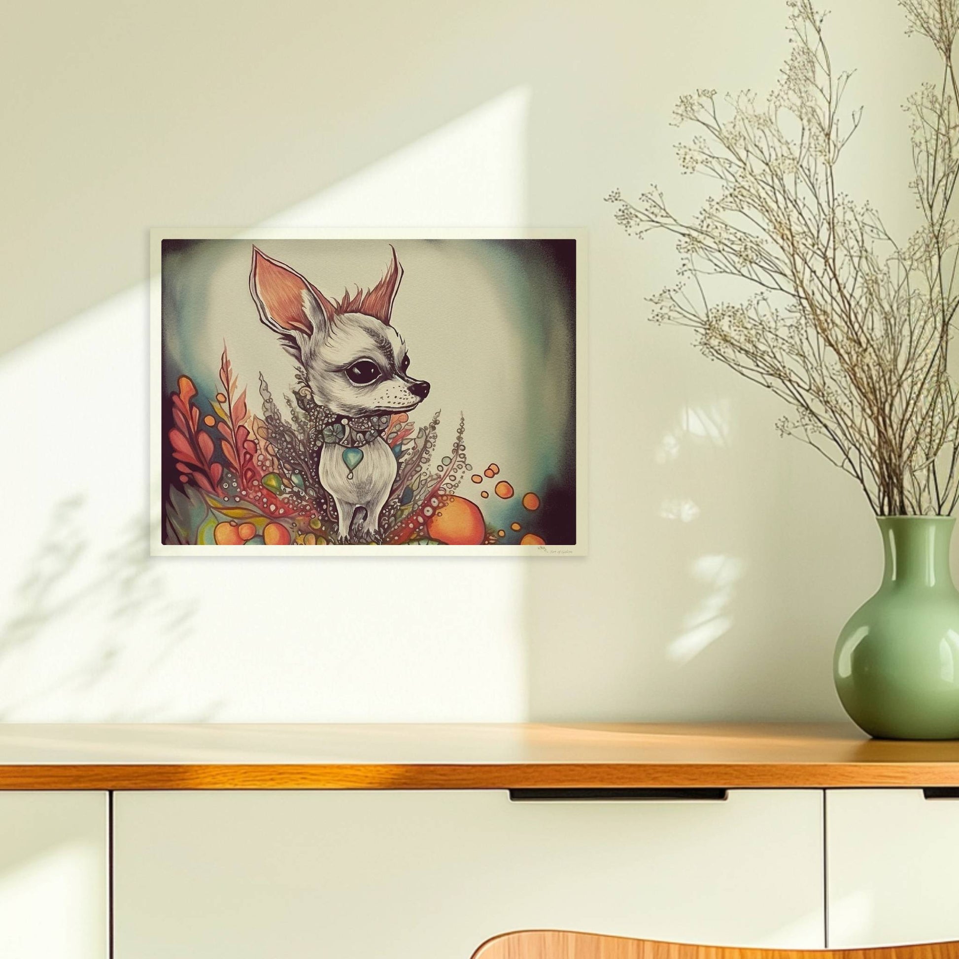 Porträt eines Chihuahua mit dekorativem floralen Hintergrund in fantasievollem Stil.. Ohne Rahmen 40x30