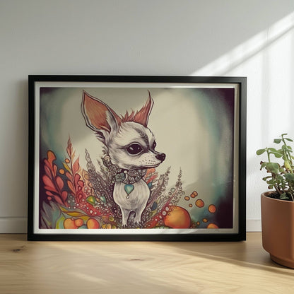 Porträt eines Chihuahua mit dekorativem floralen Hintergrund in fantasievollem Stil.. Rahmen schwarz 40x30