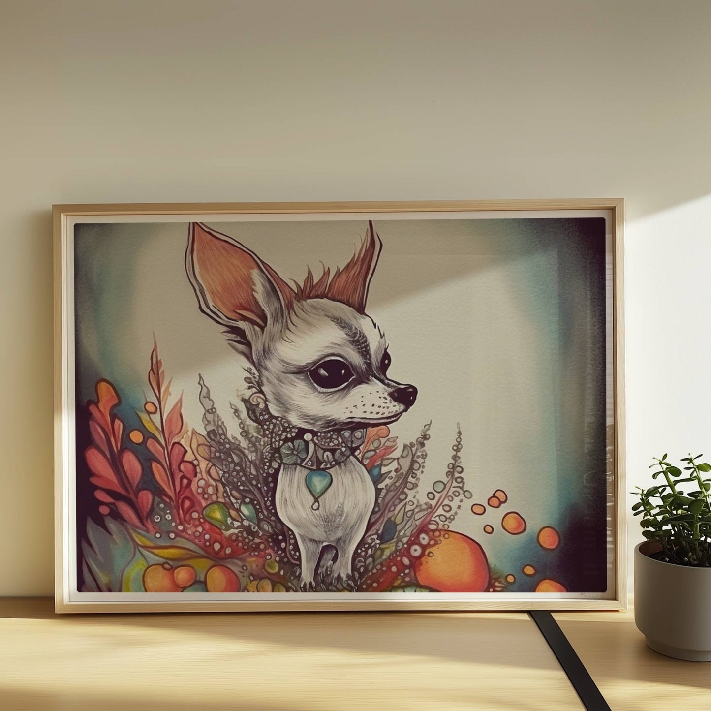 Porträt eines Chihuahua mit dekorativem floralen Hintergrund in fantasievollem Stil.. Rahmen natur 70x50