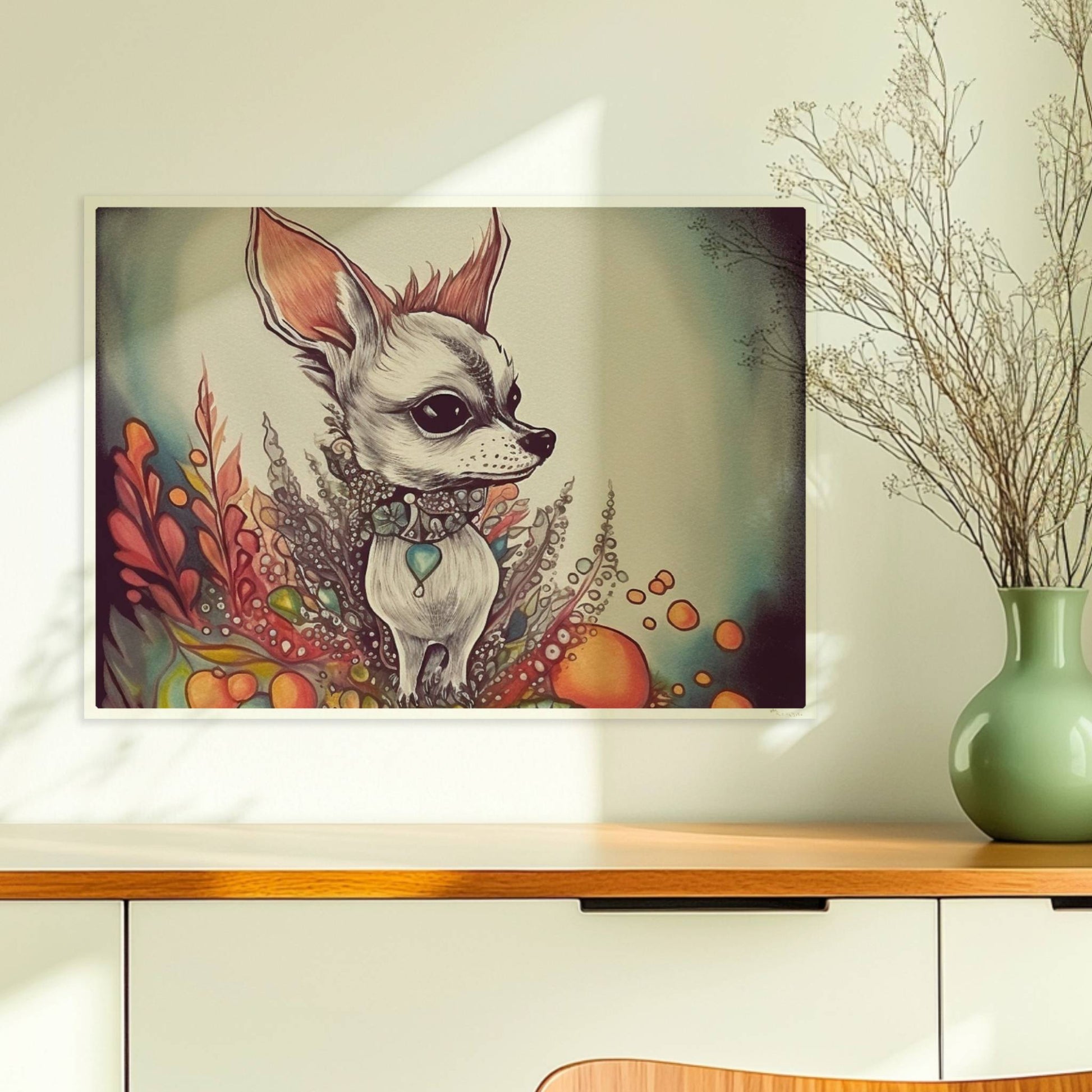 Porträt eines Chihuahua mit dekorativem floralen Hintergrund in fantasievollem Stil.. Ohne Rahmen 70x50