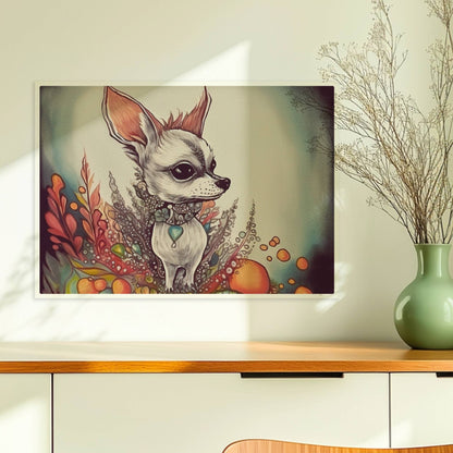 Porträt eines Chihuahua mit dekorativem floralen Hintergrund in fantasievollem Stil.. Ohne Rahmen 70x50