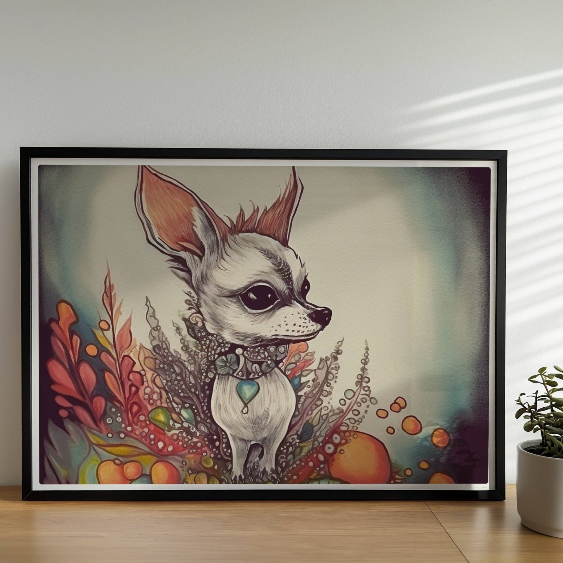 Porträt eines Chihuahua mit dekorativem floralen Hintergrund in fantasievollem Stil.. Rahmen schwarz 70x50