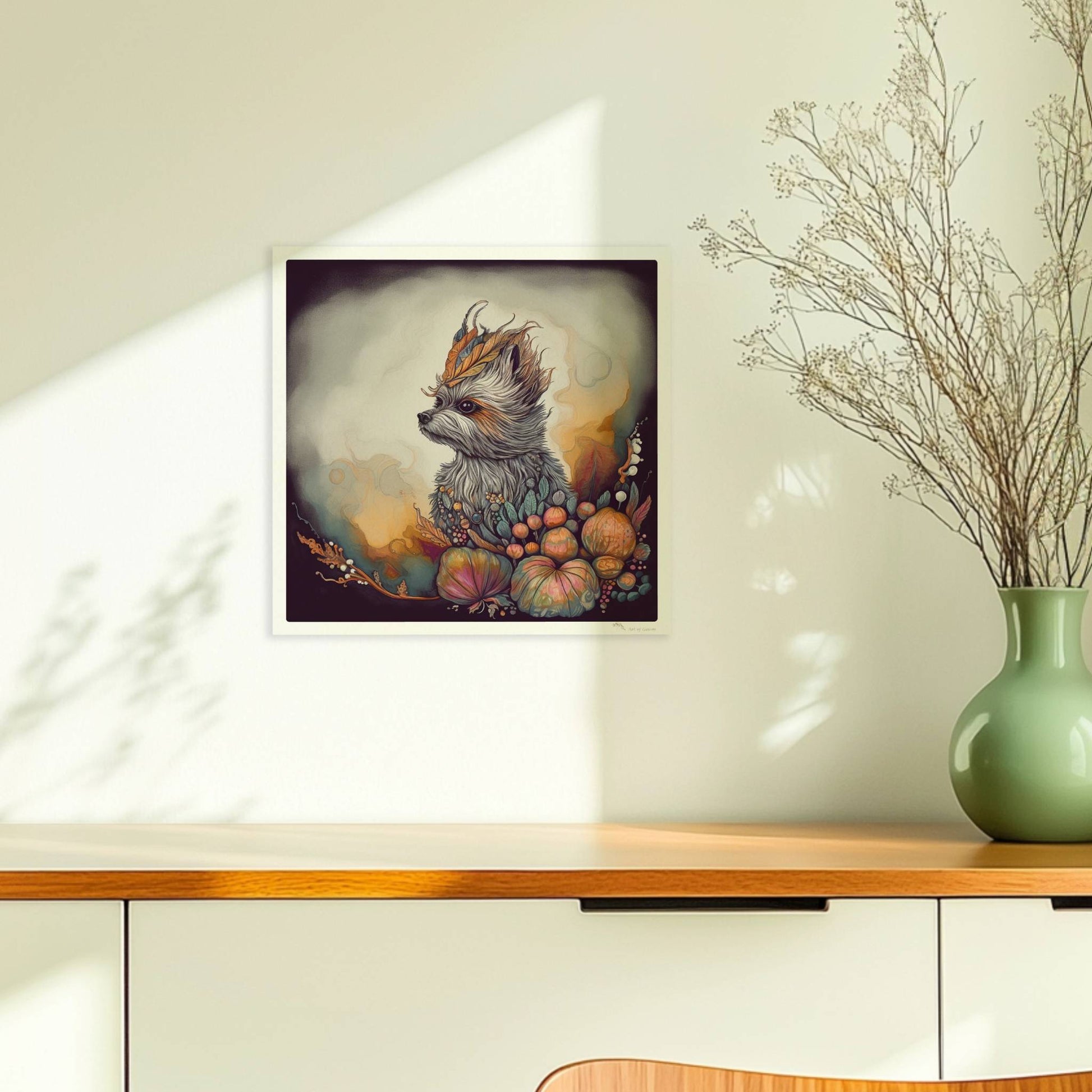 Maltipoo Hundeporträt mit herbstlichem Blumenkranz.. Ohne Rahmen 30x30