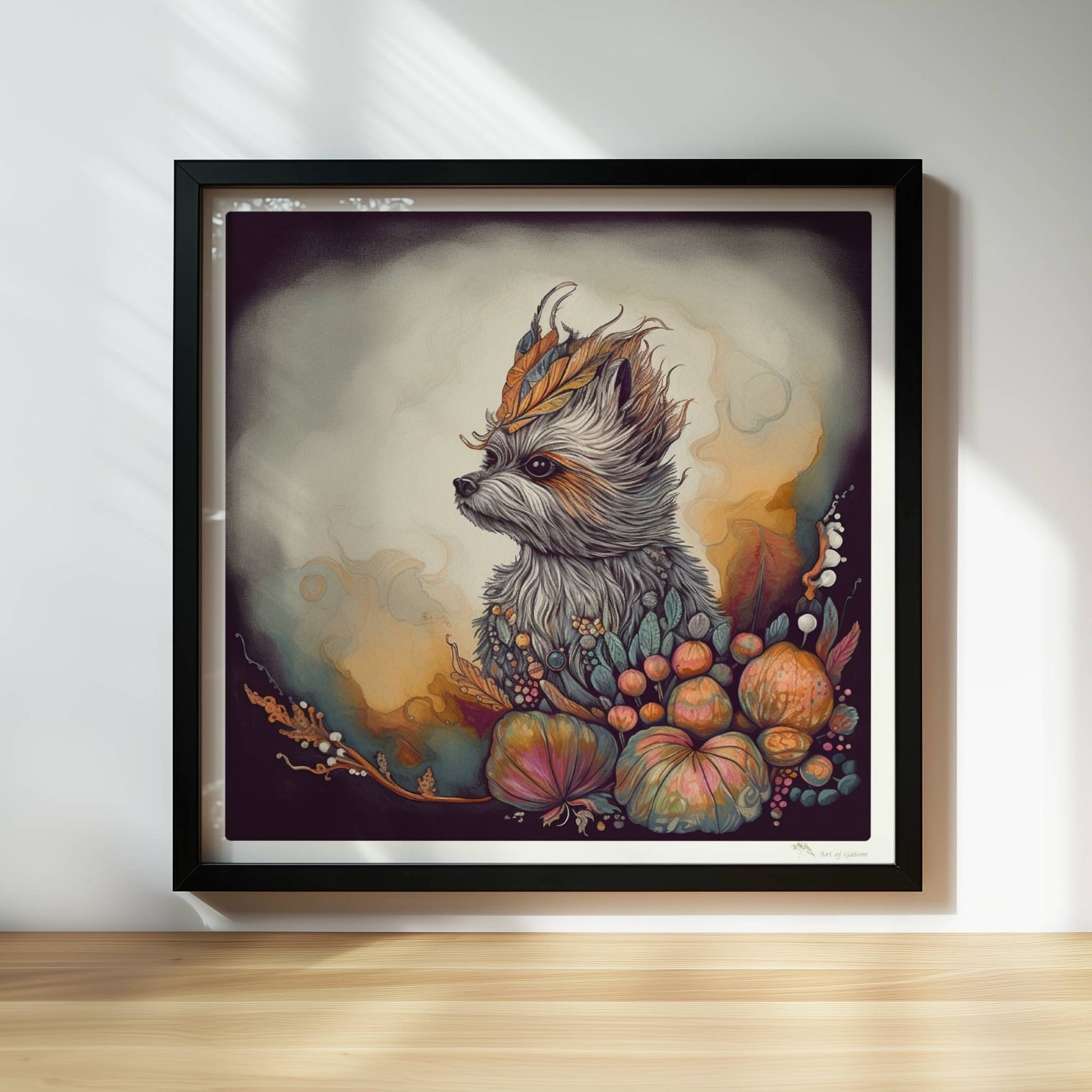 Maltipoo Hundeporträt mit herbstlichem Blumenkranz.. Rahmen schwarz 30x30