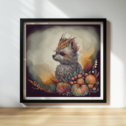 Maltipoo Hundeporträt mit herbstlichem Blumenkranz.. Rahmen schwarz 30x30