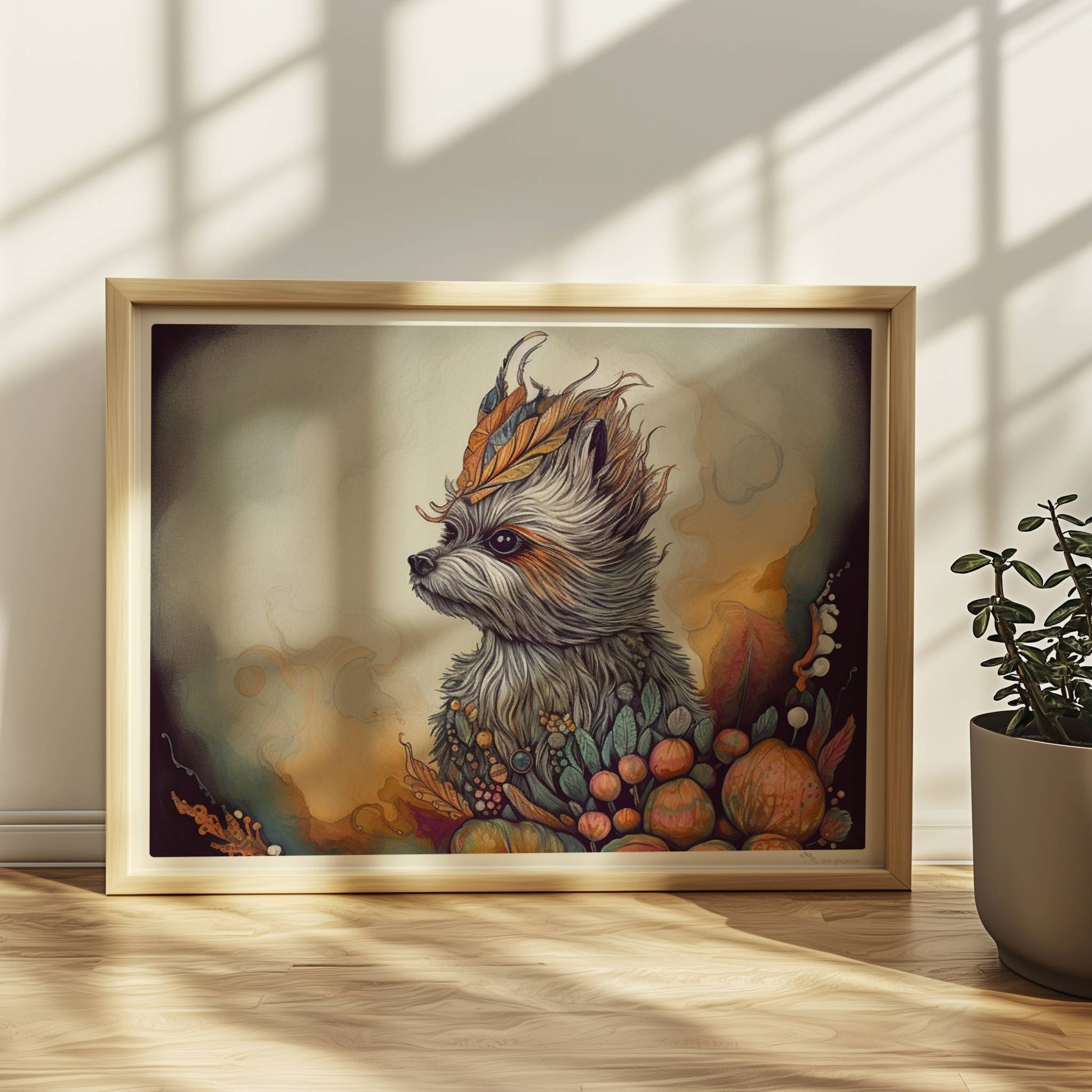 Maltipoo Hundeporträt mit herbstlichem Blumenkranz.. Rahmen natur 40x30