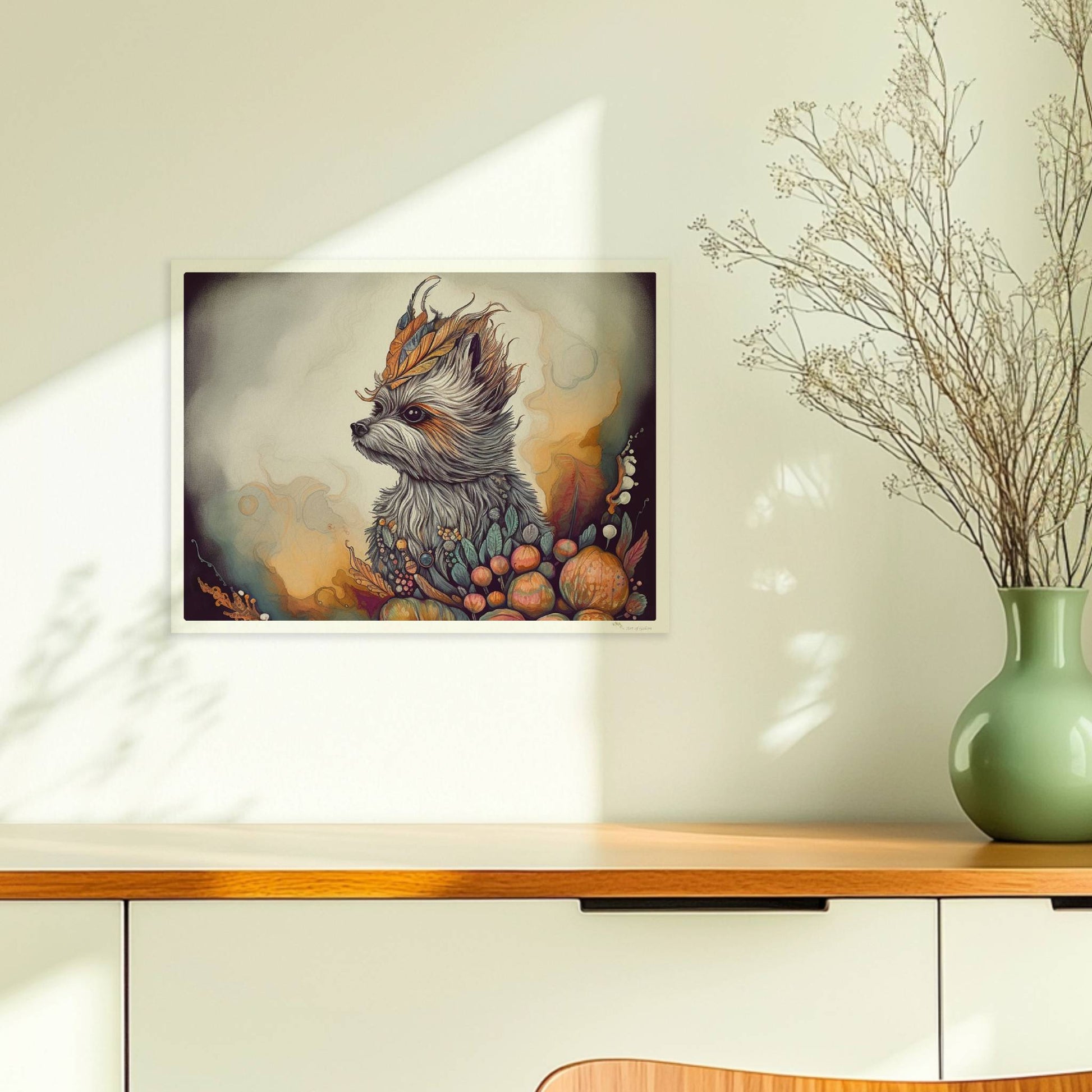 Maltipoo Hundeporträt mit herbstlichem Blumenkranz.. Ohne Rahmen 40x30