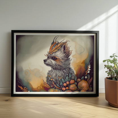 Maltipoo Hundeporträt mit herbstlichem Blumenkranz.. Rahmen schwarz 40x30