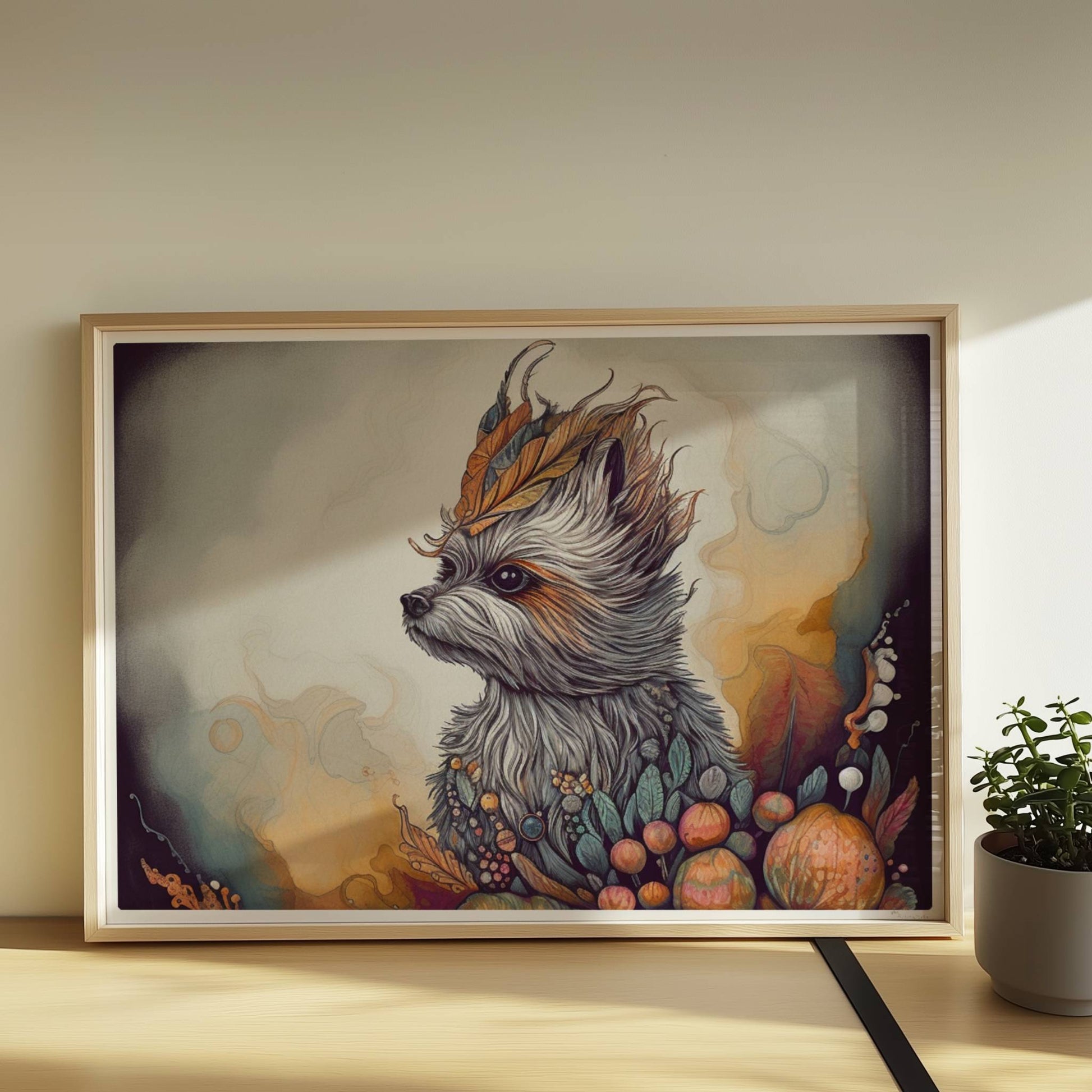 Maltipoo Hundeporträt mit herbstlichem Blumenkranz.. Rahmen natur 70x50