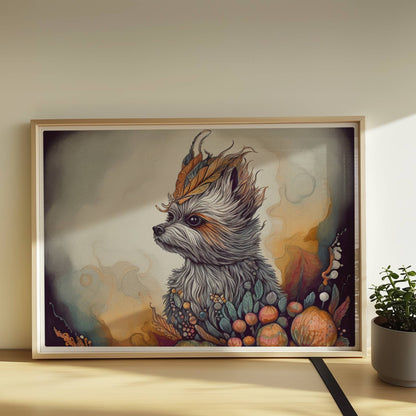 Maltipoo Hundeporträt mit herbstlichem Blumenkranz.. Rahmen natur 70x50