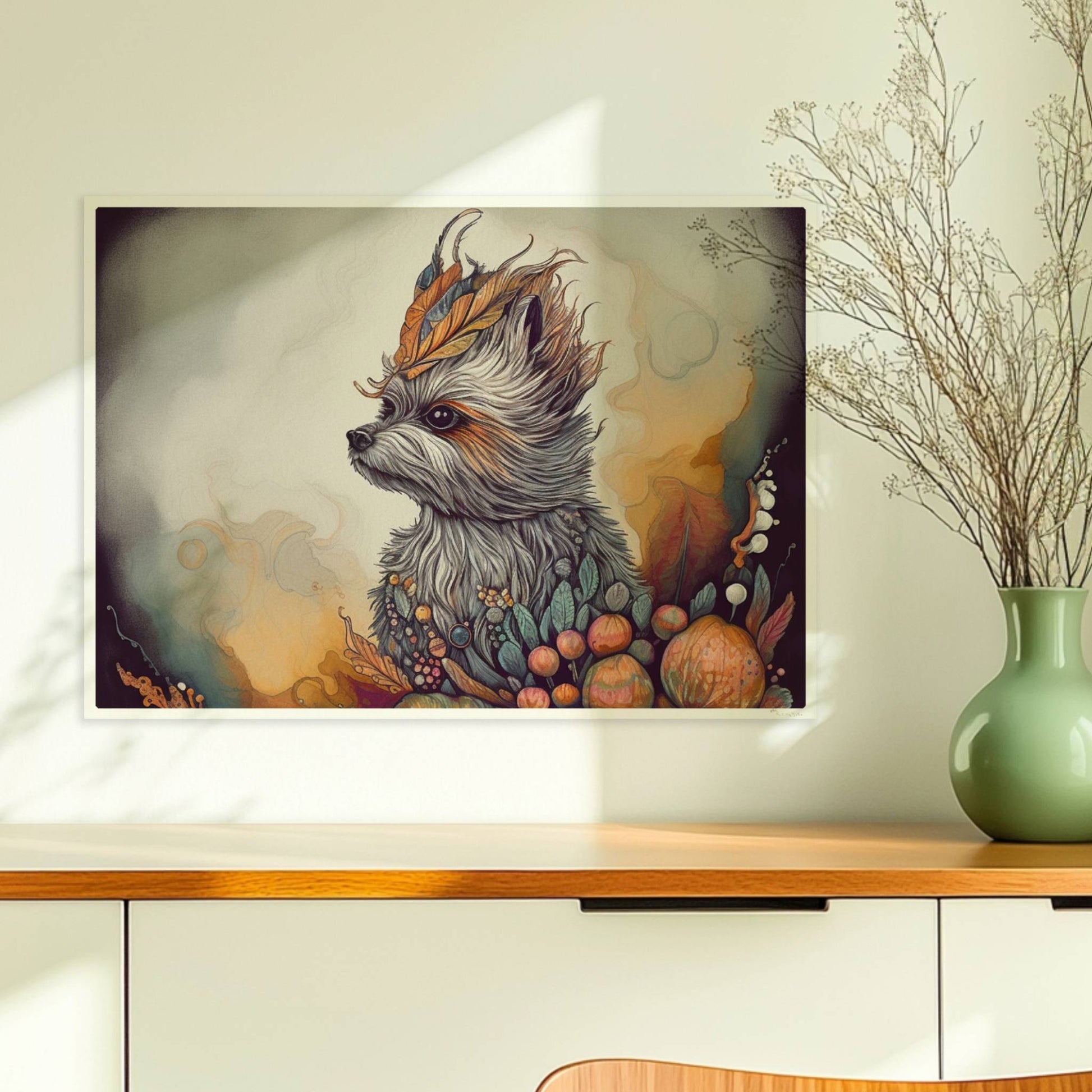 Maltipoo Hundeporträt mit herbstlichem Blumenkranz.. Ohne Rahmen 70x50