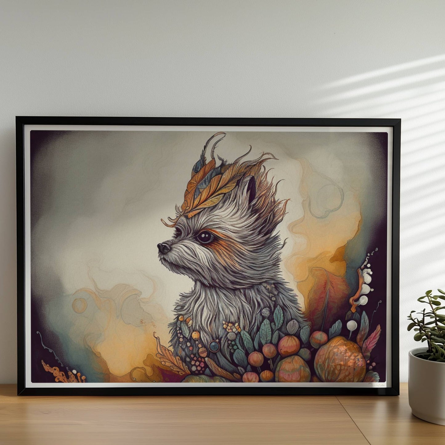 Maltipoo Hundeporträt mit herbstlichem Blumenkranz.. Rahmen schwarz 70x50