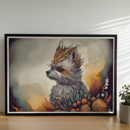 Maltipoo Hundeporträt mit herbstlichem Blumenkranz.. Rahmen schwarz 70x50