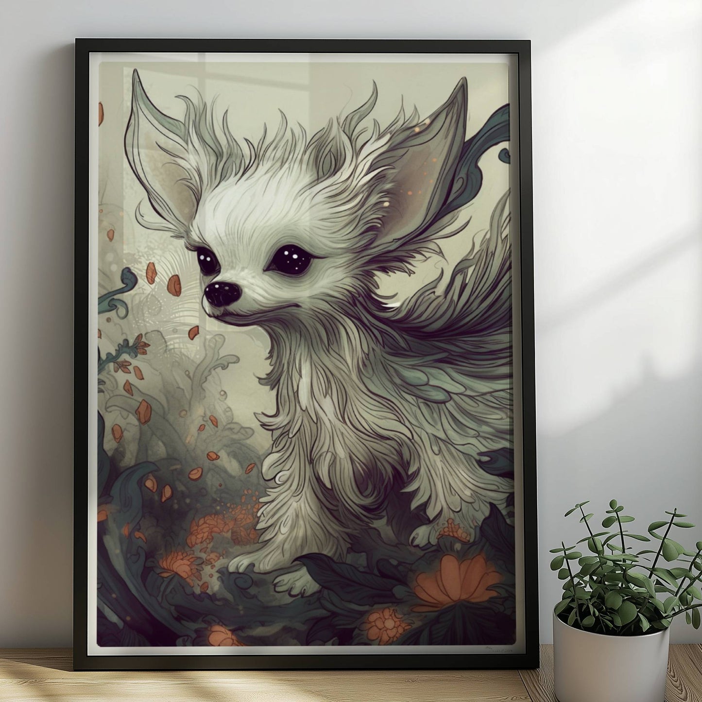 Fröhlicher Malteser mit flauschigem Fell und verspieltem Ausdruck.. Rahmen schwarz 50x70