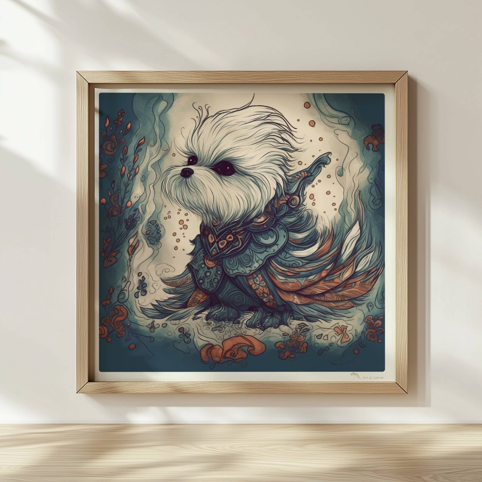 Malteserhund im kunstvollen Outfit mit blau-orangen Ornamenten.. Rahmen natur 30x30