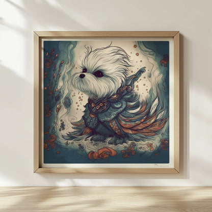 Malteserhund im kunstvollen Outfit mit blau-orangen Ornamenten.. Rahmen natur 30x30