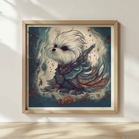 Malteserhund im kunstvollen Outfit mit blau-orangen Ornamenten.. Rahmen natur 30x30