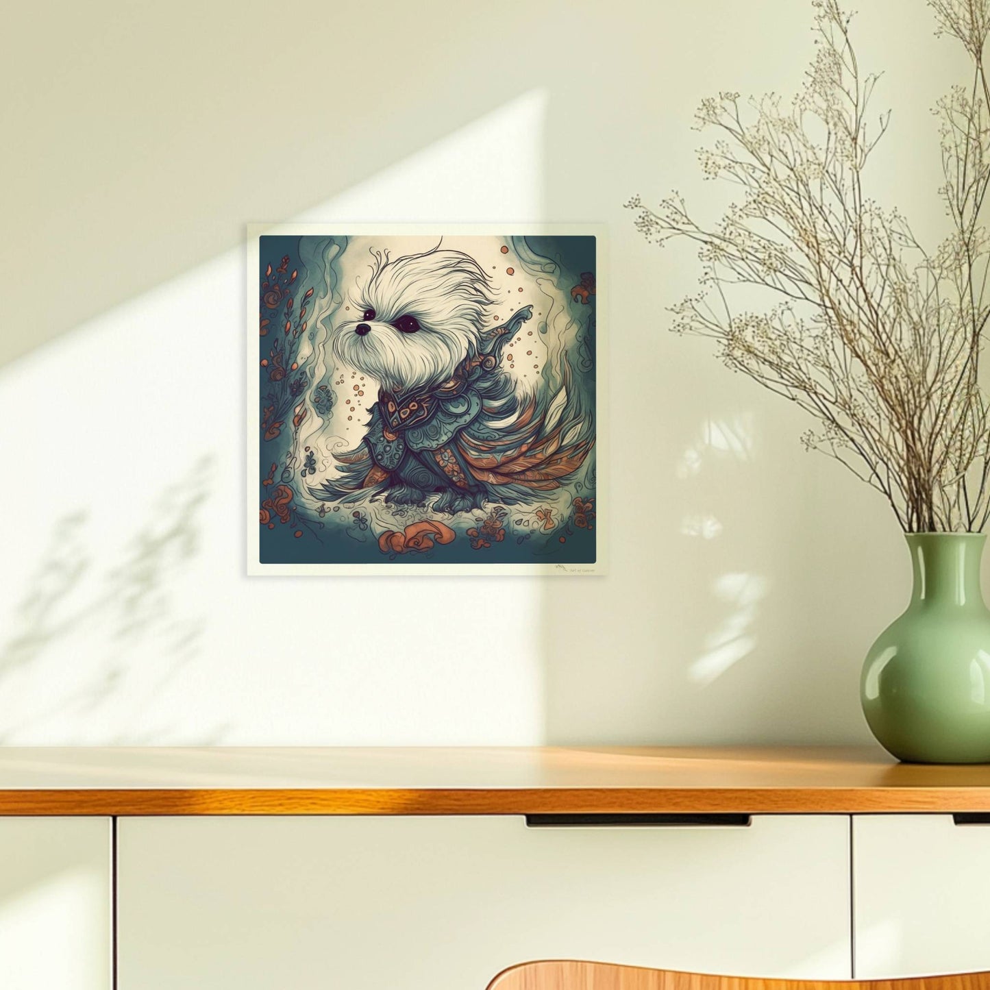 Malteserhund im kunstvollen Outfit mit blau-orangen Ornamenten.. Ohne Rahmen 30x30