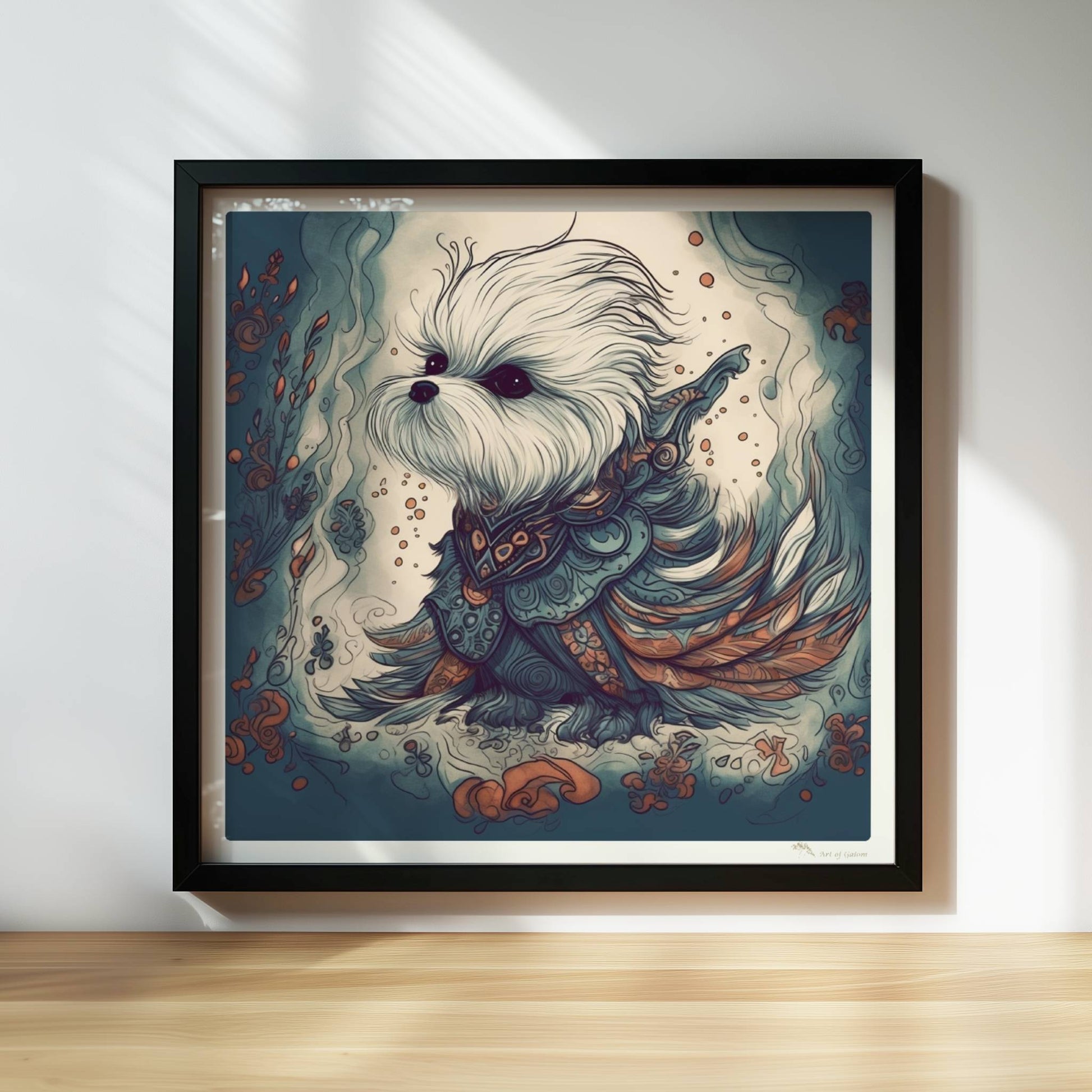 Malteserhund im kunstvollen Outfit mit blau-orangen Ornamenten.. Rahmen schwarz 30x30
