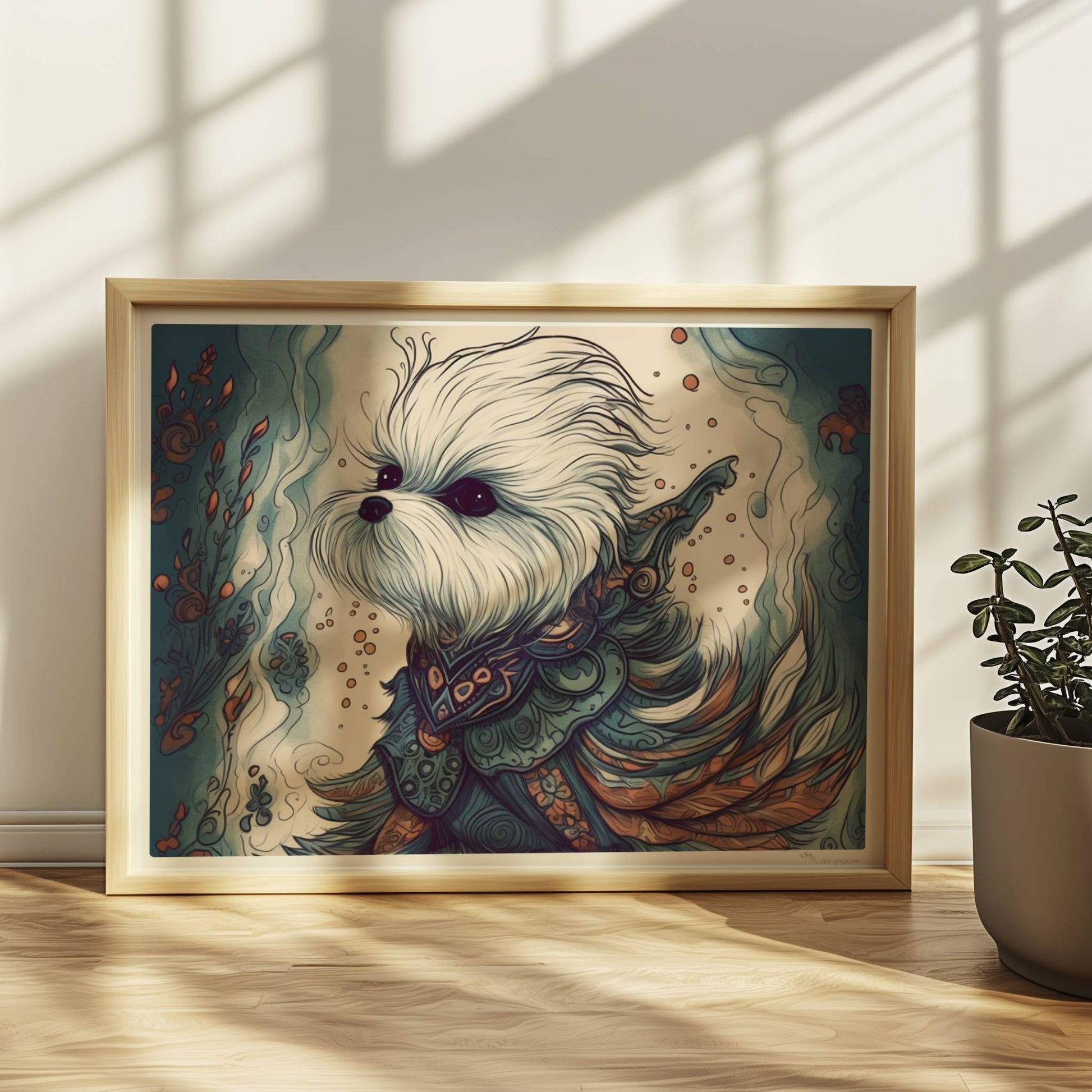 Malteserhund im kunstvollen Outfit mit blau-orangen Ornamenten.. Rahmen natur 40x30