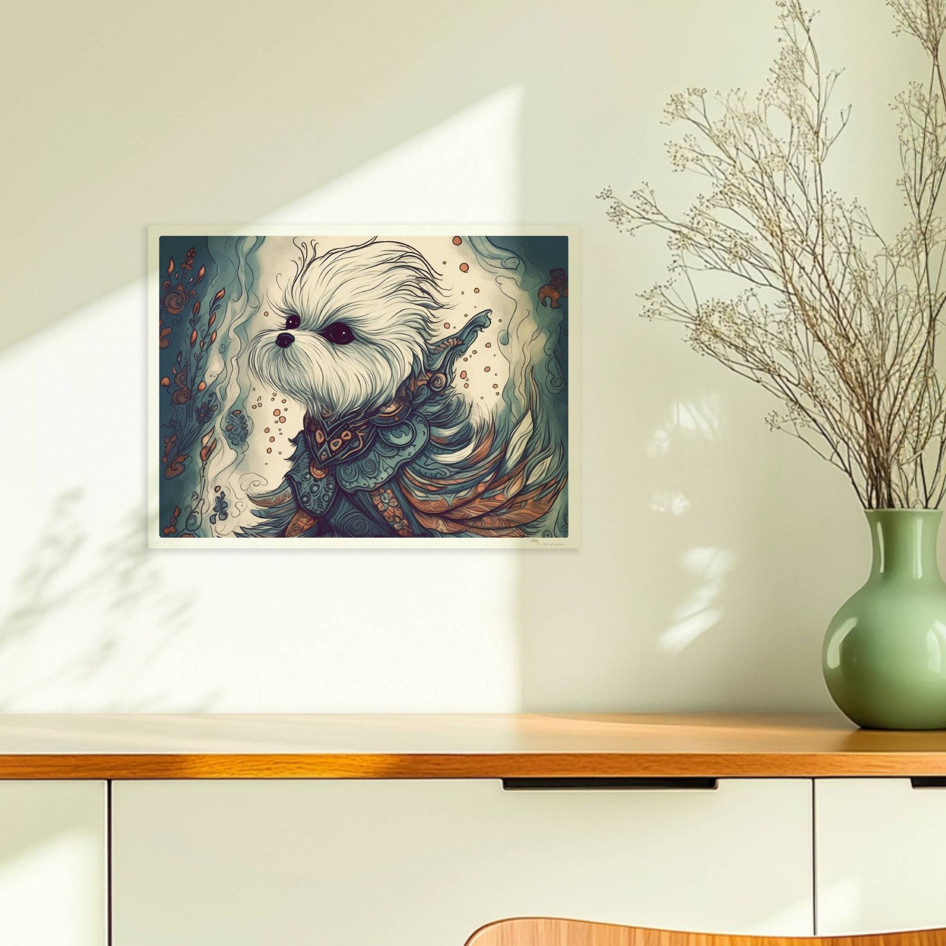 Malteserhund im kunstvollen Outfit mit blau-orangen Ornamenten.. Ohne Rahmen 40x30