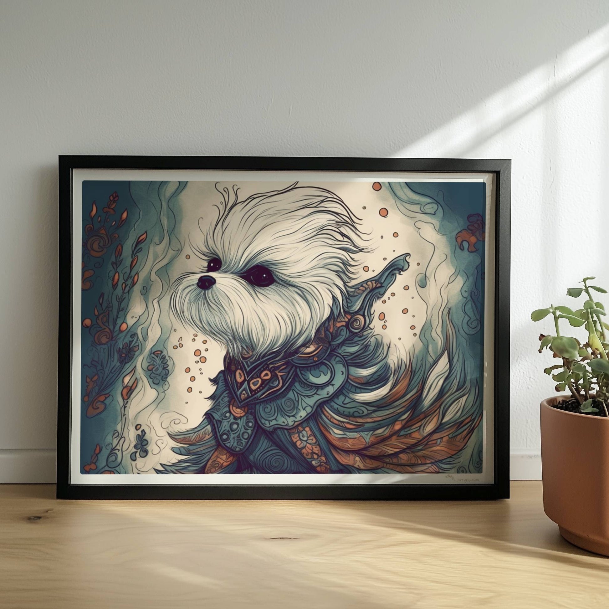 Malteserhund im kunstvollen Outfit mit blau-orangen Ornamenten.. Rahmen schwarz 40x30