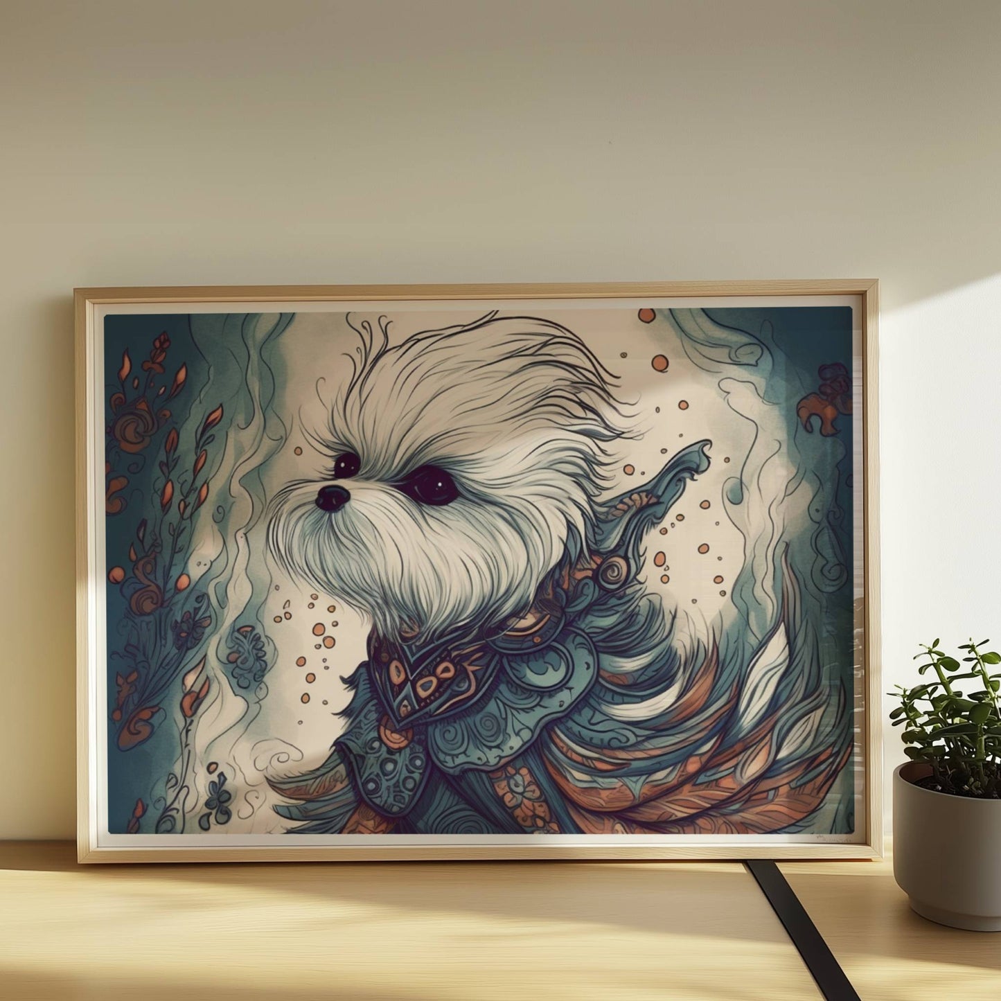 Malteserhund im kunstvollen Outfit mit blau-orangen Ornamenten.. Rahmen natur 70x50