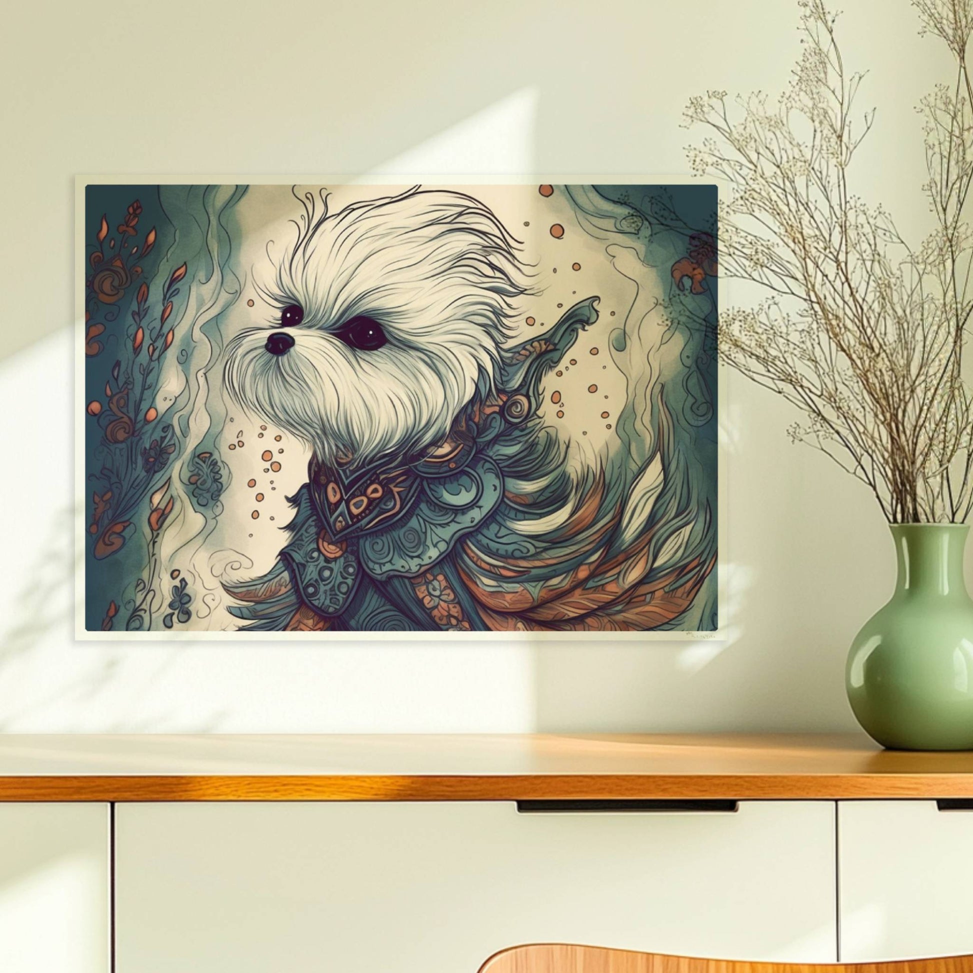 Malteserhund im kunstvollen Outfit mit blau-orangen Ornamenten.. Ohne Rahmen 70x50