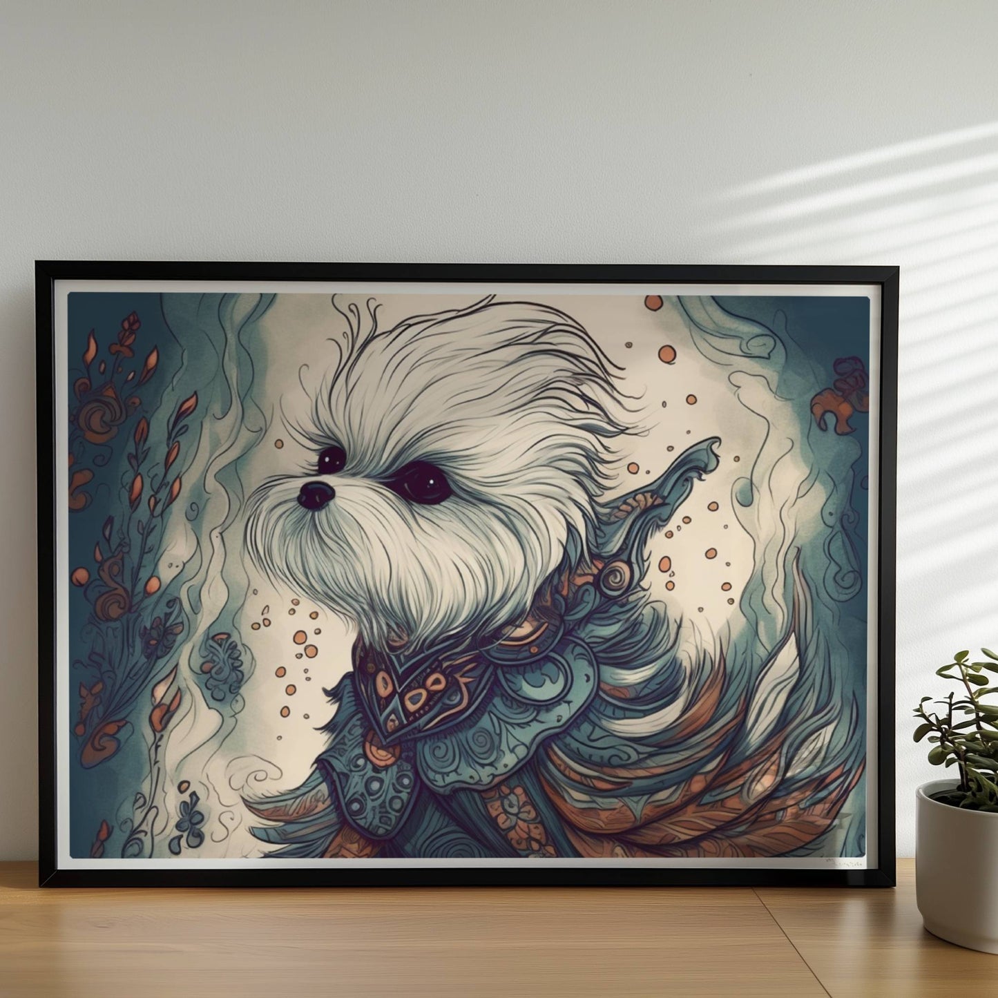 Malteserhund im kunstvollen Outfit mit blau-orangen Ornamenten.. Rahmen schwarz 70x50