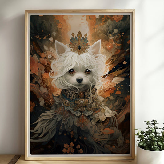 Malteser als königlicher Hund mit Perlen und Tiara geschmückt.. Rahmen natur 50x70
