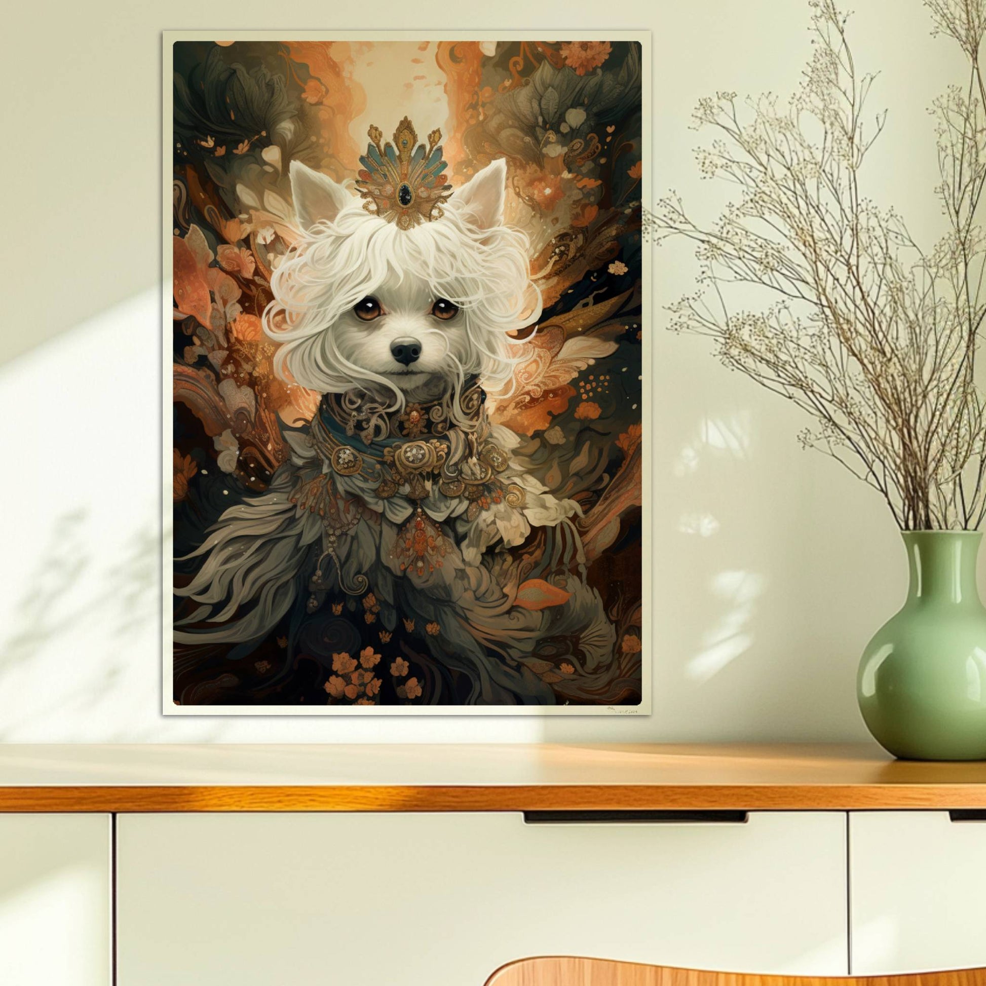 Malteser als königlicher Hund mit Perlen und Tiara geschmückt.. Ohne Rahmen 50x70