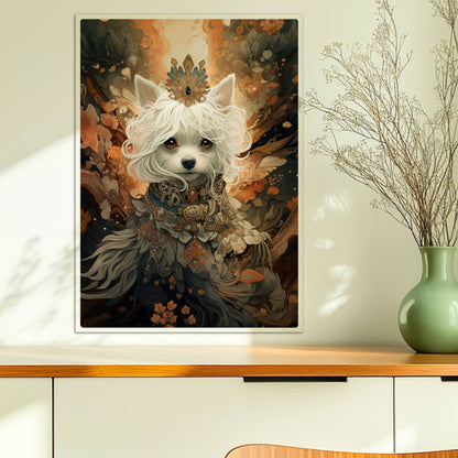 Malteser als königlicher Hund mit Perlen und Tiara geschmückt.. Ohne Rahmen 50x70