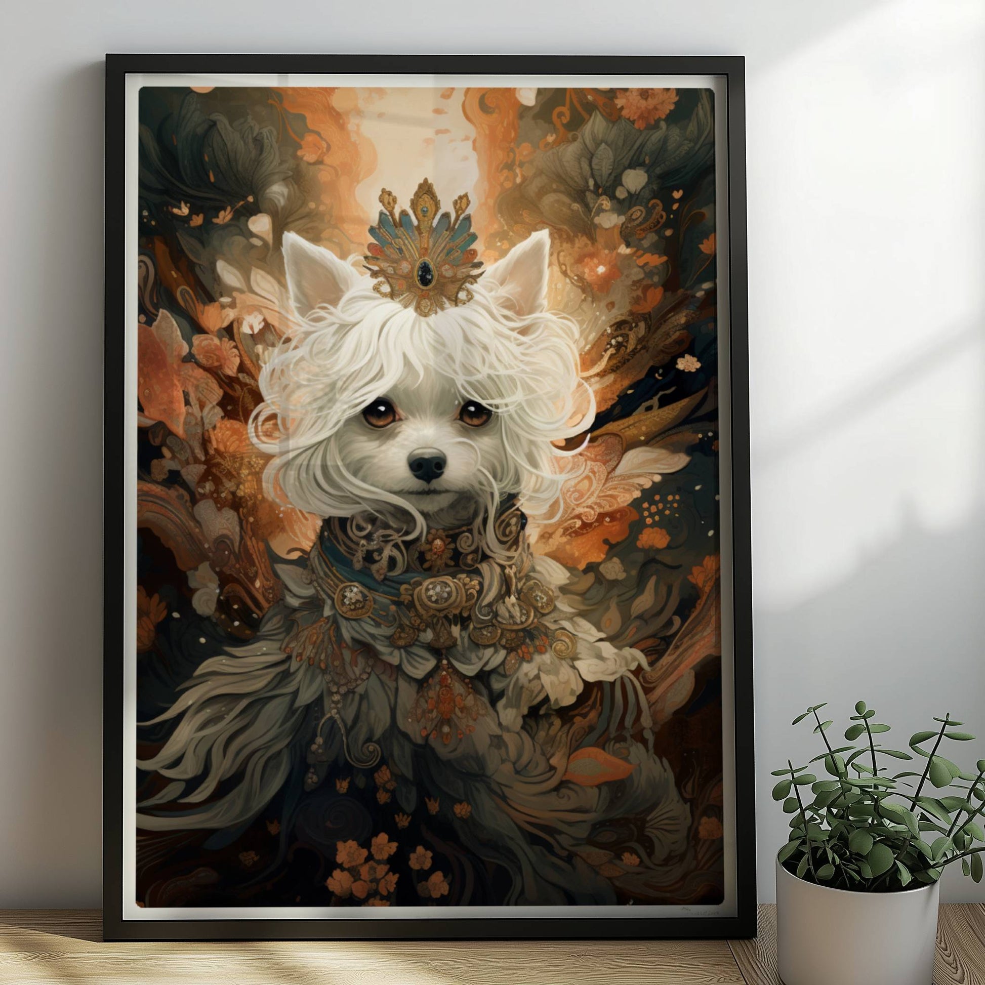 Malteser als königlicher Hund mit Perlen und Tiara geschmückt.. Rahmen schwarz 50x70