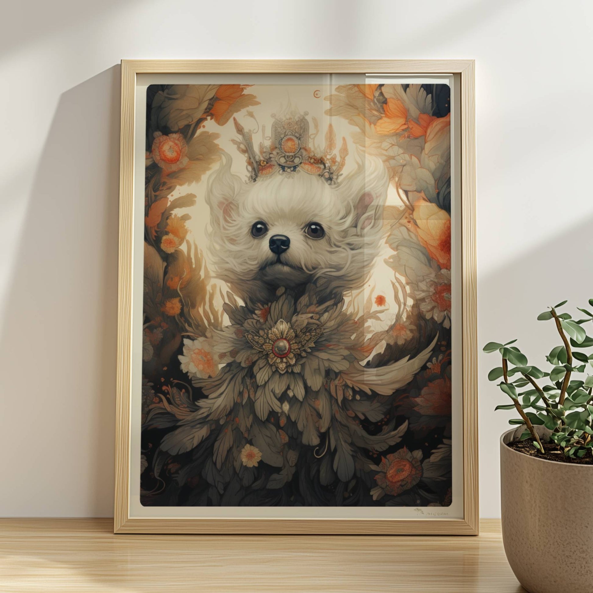 Malteserporträt mit floralen Details und dekorativem Blumenkranz.. Rahmen natur 30x40