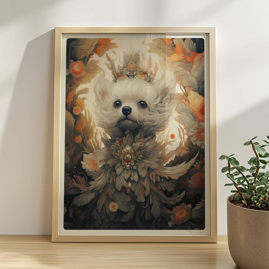 Malteserporträt mit floralen Details und dekorativem Blumenkranz.. Rahmen natur 30x40