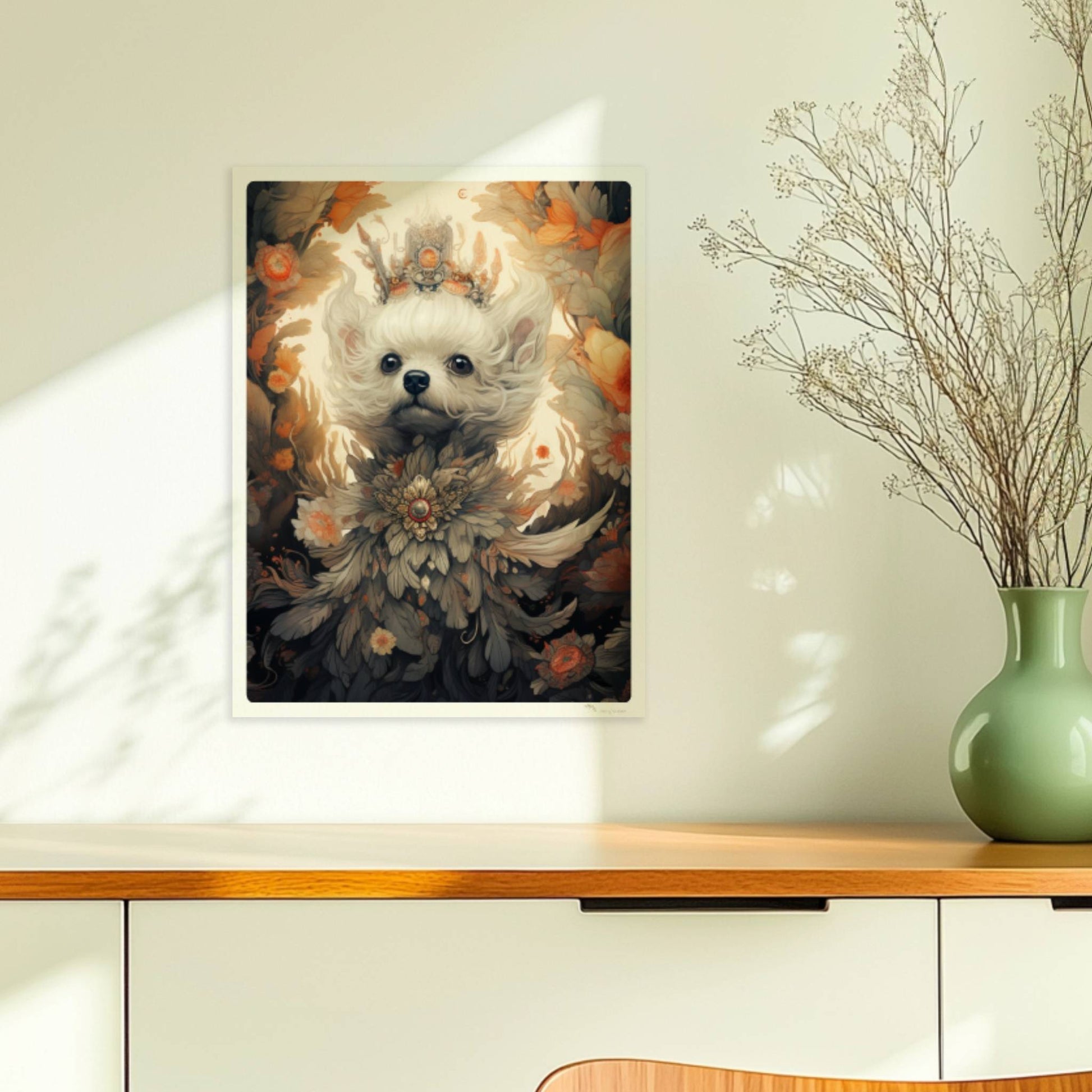Malteserporträt mit floralen Details und dekorativem Blumenkranz.. Ohne Rahmen 30x40